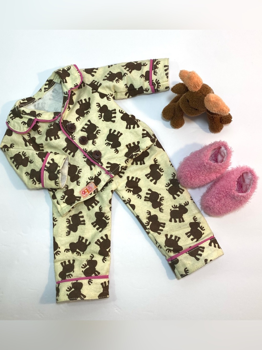 Our Generation 18” Doll Clothes Goodnight Moose Flannel Pajamas Slippers Plush